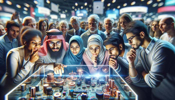 A diverse group of tech enthusiasts at an expo, engaging attentively with the latest gadgets.
