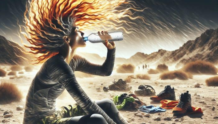 Person drinking water in a hot, arid environment, surrounded by sports equipment, with healthy, vibrant hair.