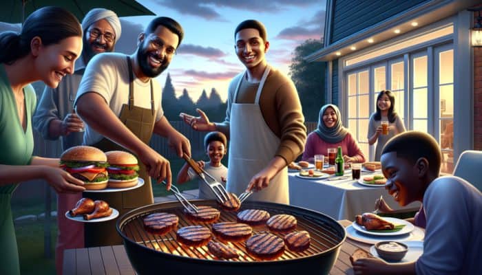 A novice griller proudly serving juicy burgers, tender ribs, and grilled chicken to impressed family and friends in a warm backyard setting.