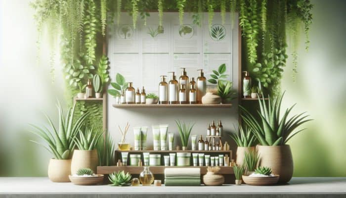 A tranquil spa setting showcasing natural plant-based hair care products, including aloe vera and argan oil, surrounded by lush greenery.