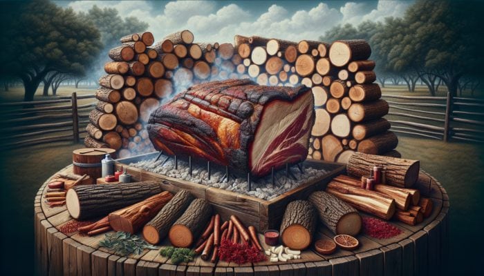 Various oak logs (white, red, live) surrounding a smoking brisket in a rustic pit, bright clear sky.