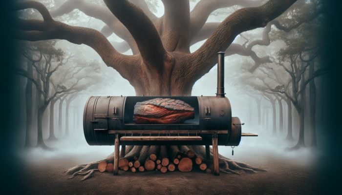 Hickory tree in a smoky forest, wood fuelling a rustic smoker for bold brisket.