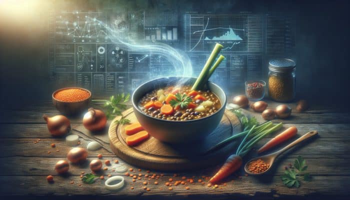 A steaming bowl of hearty lentil soup featuring carrots, onions, and celery on a rustic wooden table.