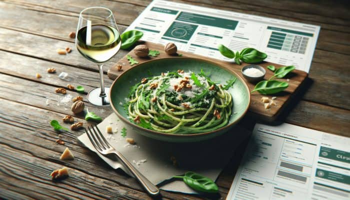 Al dente pasta topped with vibrant green arugula and spinach pesto, garnished with Parmesan and nuts.