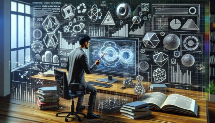 Utilise Unique Research for Backlink Attraction: A digital marketer analysing data visualisations on a screen, surrounded by research materials, enhancing SEO credibility.