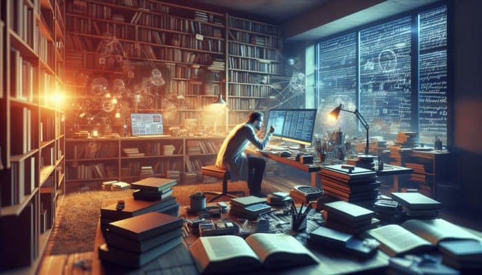 A researcher devising a detailed research strategy at a desk filled with books and digital devices in a comfortable study space.
