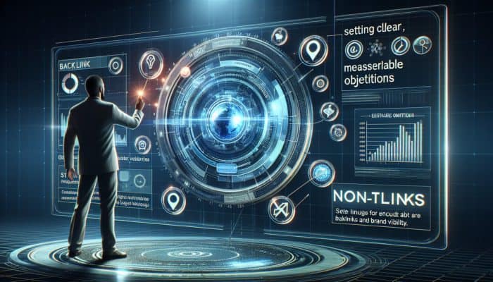 A researcher defining clear objectives on a futuristic digital interface showcasing graphs, insights, and icons for backlinks and brand visibility.
