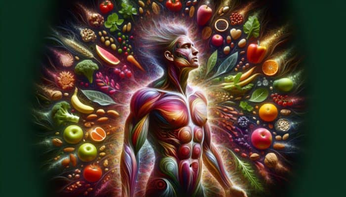 A vibrant person with glowing skin surrounded by healthy foods, symbolising Whole30 benefits.