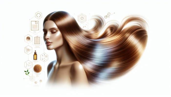 Woman with long, flowing hair glistening under sunlight, symbolising youthfulness and wellness.