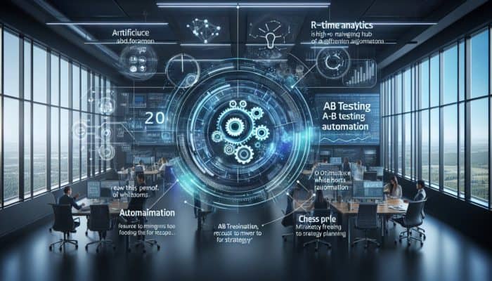 AI-driven marketing hub showcasing real-time analytics, optimising ads, and automating tests in a modern office environment.