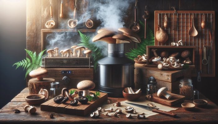 Shiitake, portobello, and oyster mushrooms being smoked in a rustic kitchen setting.