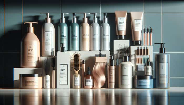 An array of hair care products on a shelf, enhancing colour-treated hair's shine and health.