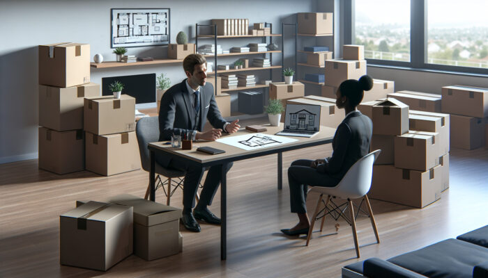 A solicitor discussing legal documents with a client in an office surrounded by boxes and furniture during house clearance.