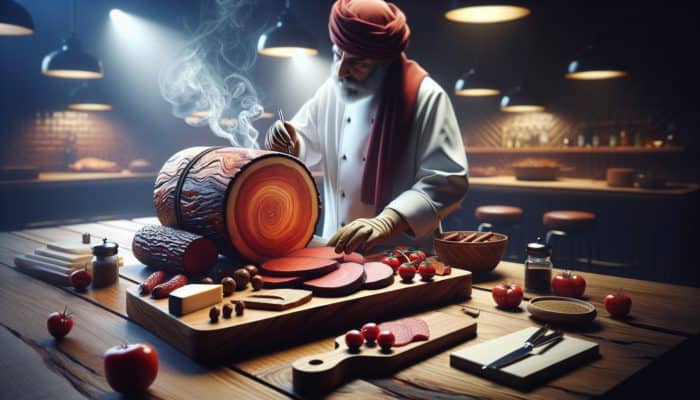 Using Cherry Wood for Sweet Smoke Flavor: A chef smoking meats and cheeses with cherry wood, known for its rich red colour and sweet aroma.