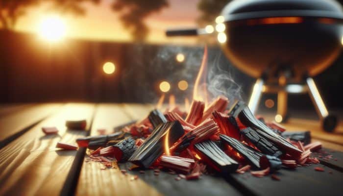 Smouldering cherry wood chips on a rustic grill at sunset, enhancing meat flavour with sweet smoke.