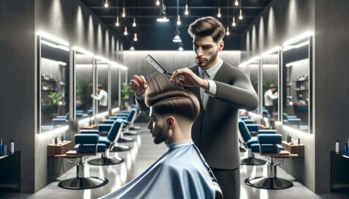 A barber accurately cutting long layers in a man's hair within a modern shop featuring mirrors and focused lighting.