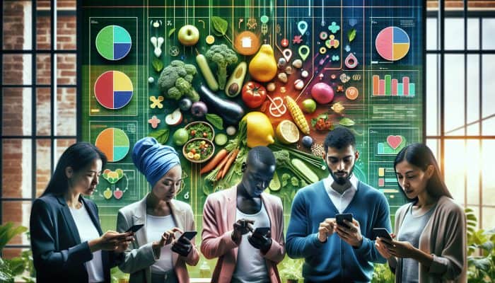 Diverse group using smartphones to read reviews on a plant-based diet app, with meals and charts on screens, in a green setting.
