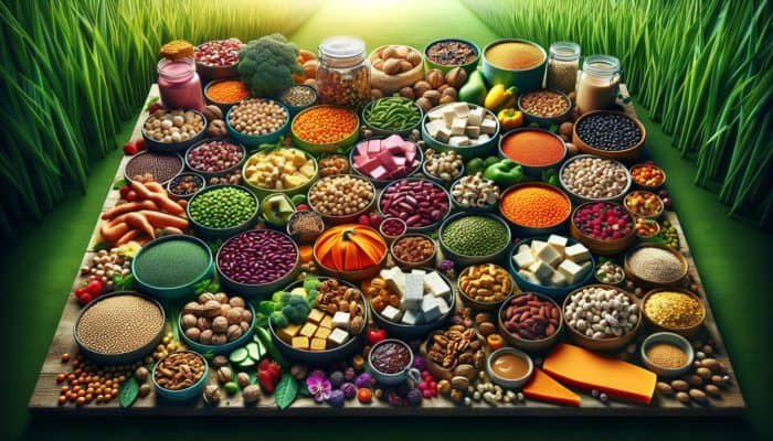 Plant-Based Proteins in Meals: A vibrant display of various plant-based proteins including legumes, grains, nuts, seeds, tofu, tempeh, and seitan on a green background.