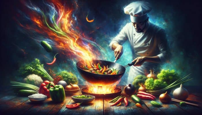 Chef using a carbon steel wok to stir-fry vegetables and meat, flames visible, achieving authentic smoky flavour.