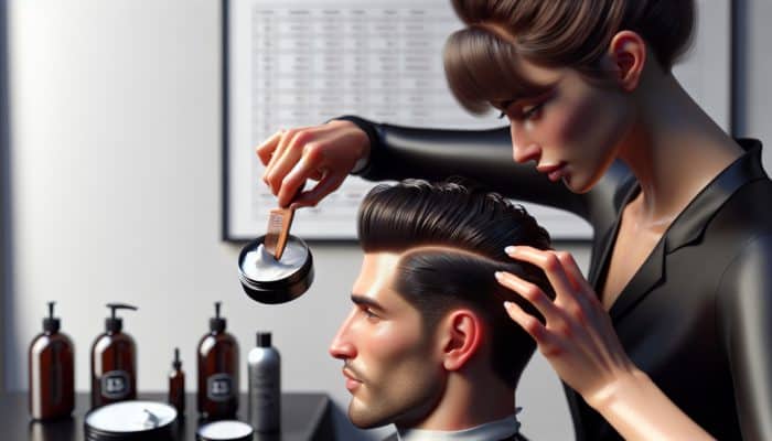 A stylist applying pomade, warming it, and using a comb for a slick-back hairstyle.