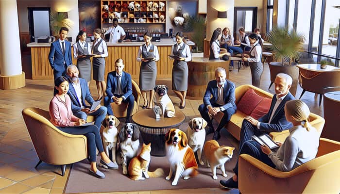 A welcoming hotel lobby with pets and staff providing pet-friendly amenities and advice.