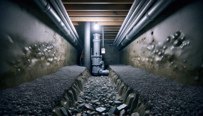 Crawl space with sump pump, French drain, and interior drainage pipes for water removal.