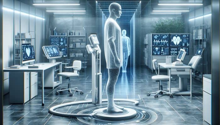 Well-Person Blood Test in Worcester: A person undergoing a comprehensive health check-up in a modern clinic, surrounded by advanced equipment, looking serene and empowered.