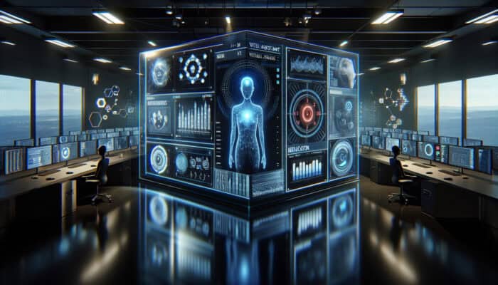 Energy Sector Human Virtual Assistants for Data Analysis: A futuristic virtual assistant interface on a high-tech screen with energy sector data visualizations in a modern control room.