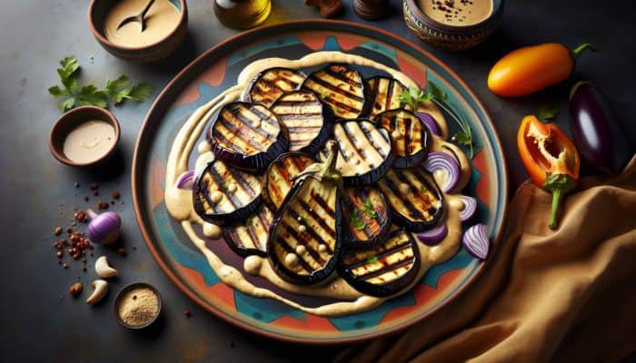 Grilled Eggplant with Tahini Sauce: Charred eggplant slices with creamy tahini sauce on a colourful platter.
