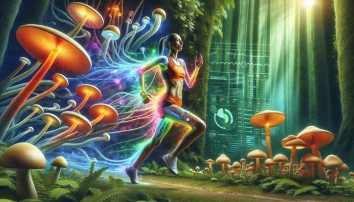 A person running a marathon, energized by glowing mushroom supplements in a mystical forest with vibrant mushrooms.