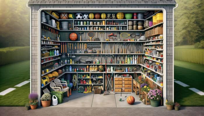 Techniques for Clearing Garages in the UK: A well-organised garage with labeled sections for various categorized items.