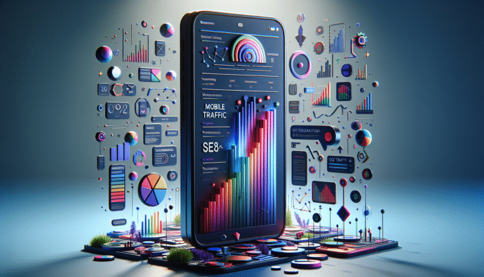 A smartphone showing an optimized website with title tags, against graphs of mobile traffic and SEO performance.