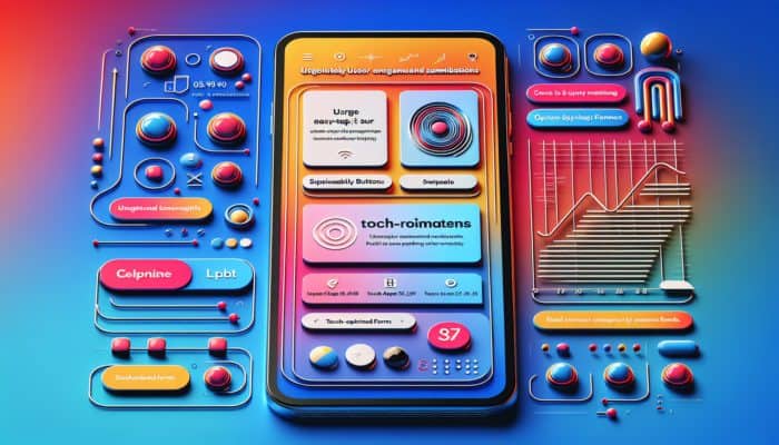 A smartphone showing a vibrant website with large buttons, swipe menus, and touch-optimized forms on an abstract background.