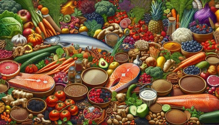 A UK kitchen counter displaying salmon, colourful vegetables, berries, quinoa, nuts, seeds, turmeric, and ginger.