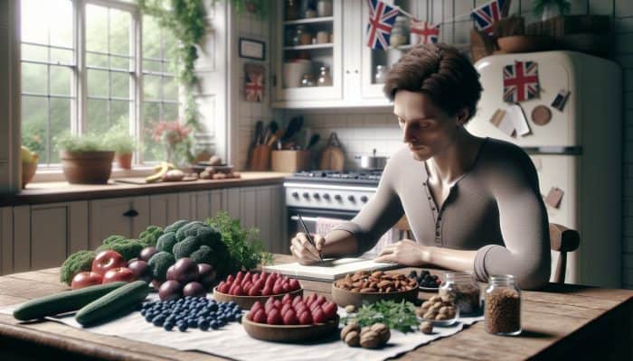 A person in the UK jotting in a food diary at a kitchen table, surrounded by healthy anti-inflammatory foods like berries, nuts, and leafy greens.