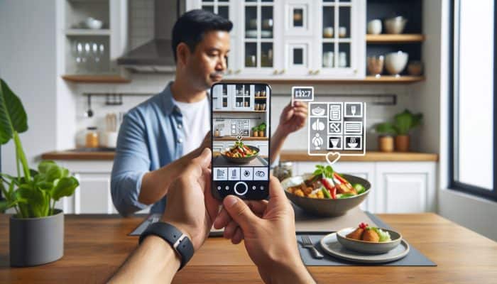 A person using a smartphone app in a modern kitchen to compare calorie counts of a home-cooked meal and a restaurant dish.