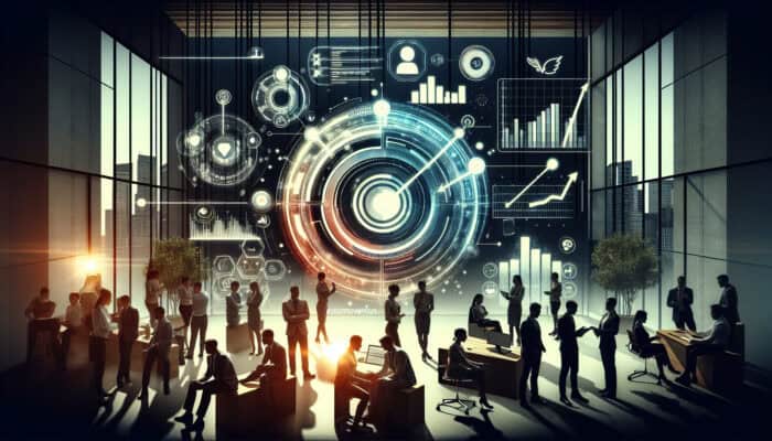 A team collaborates using a virtual assistant interface to implement expert recommendations based on performance metrics and client feedback.