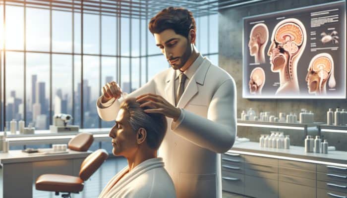 A dermatologist applies minoxidil and prepares a PRP injection for weak hair treatment in a clinic.