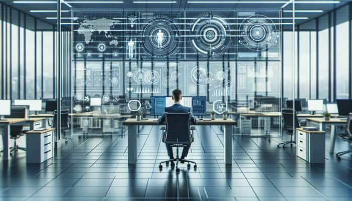 A person in a modern office focusing on a project, aided by virtual assistants on screens.