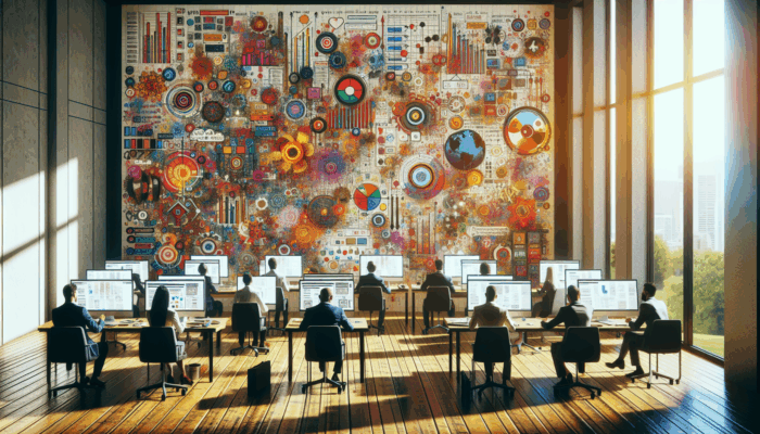 Cozy office in Chard with small business owners and web development experts, modern computers, colorful web design posters.