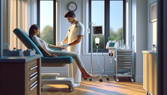 A nurse drawing blood for a ferritin test in a modern, well-lit clinic in Gravesend.
