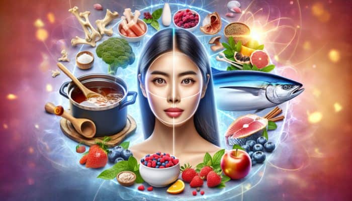 A person with glowing skin surrounded by collagen-rich foods like bone broth, fish, and berries.