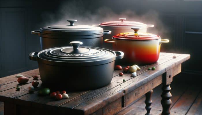 Three Dutch ovens on a rustic table: matte black cast iron, colorful enameled cast iron, sleek stainless steel, each simmering dishes.