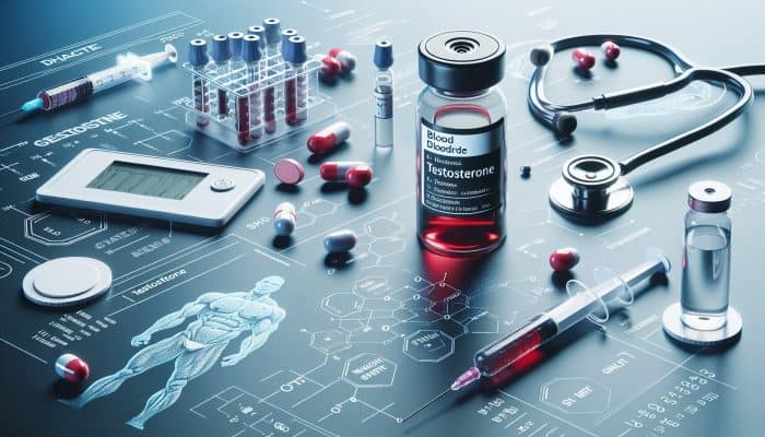 Testosterone Blood Test in Bridgend: A medical scene illustrating a blood draw for testosterone testing, complete with vials, equipment, and a chart depicting muscle, fat, and sexual desire.