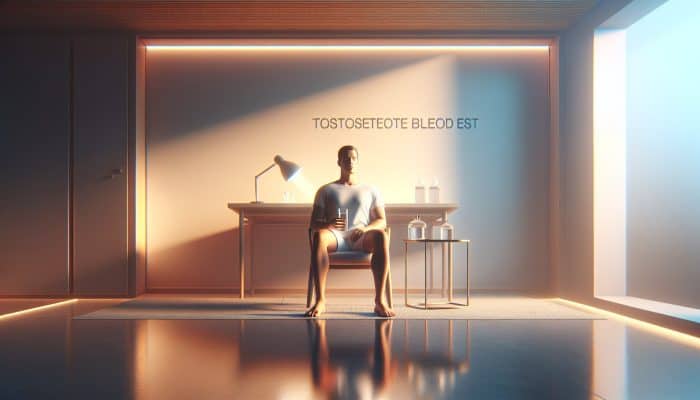 Individual fasting for a testosterone test, calmly drinking water in a tranquil, minimalist environment.