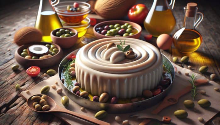 Vegan foie gras with coconut oil and olive oil on a rustic table, showcasing plant-based richness.