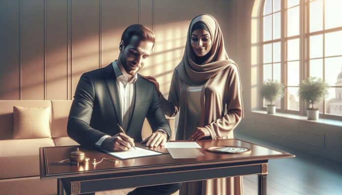 A hopeful person and supportive cosigner signing loan documents in a warm office setting.