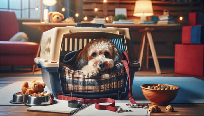 A dog resting comfortably in a carrier with treats and toys, with food bowl and leash nearby in a serene setting.