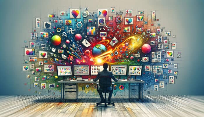 A vibrant digital workspace with a designer using graphic design software on multiple screens to create colorful vectors, logos, and marketing materials.