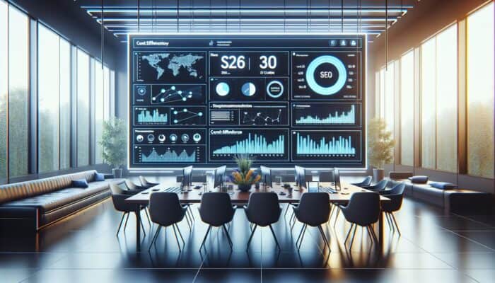 Sleek digital dashboard displaying real-time SEO metrics, intuitive graphs, and budget charts on a large screen in a modern office.